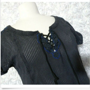 Free People Crochet Floral Mesh Black Peasant Top